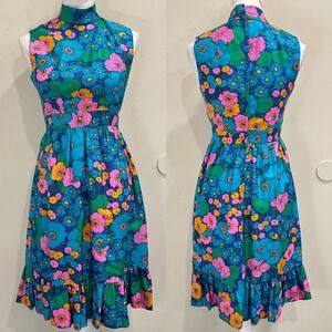 VTG 70s Keram New York Floral Mock Neck Dress Blue Pink Green Union Made Mod XS
